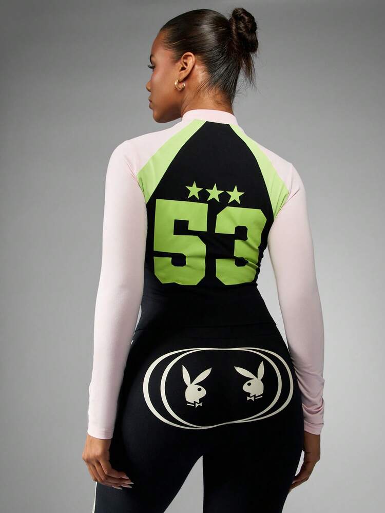 Missguided x Playboy Felpa con chiusura lampo, collo a imbuto, maniche lunghe, con blocchi di colore e logo del coniglio in cotone, con numero 53