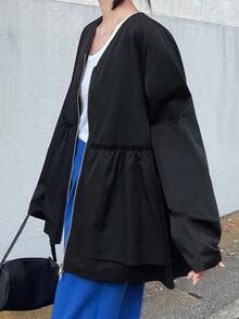 FRIFUL 女士黑色纯色V领长袖荷叶边宽松休闲百搭常规外套，适合机场旅行和外出，秋季女士外套 - 黑色 - 查看 6