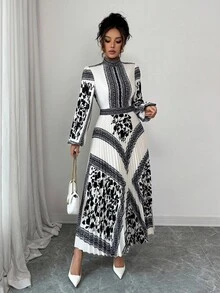 Elenzga 女士印花腰部褶边立领优雅日常通勤商务法式浪漫约会派对圣诞节节日灯笼袖长袖连衣裙，秋冬 - 彩色 - 查看 5