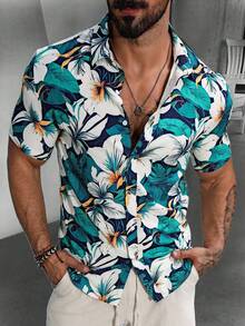 Manfinity RSRT Men Floral Printed Button Up Colorful Short Sleeve Shirt For Summer, Vacation, Boyfriend Gift, Beach - Multicolor - View 1