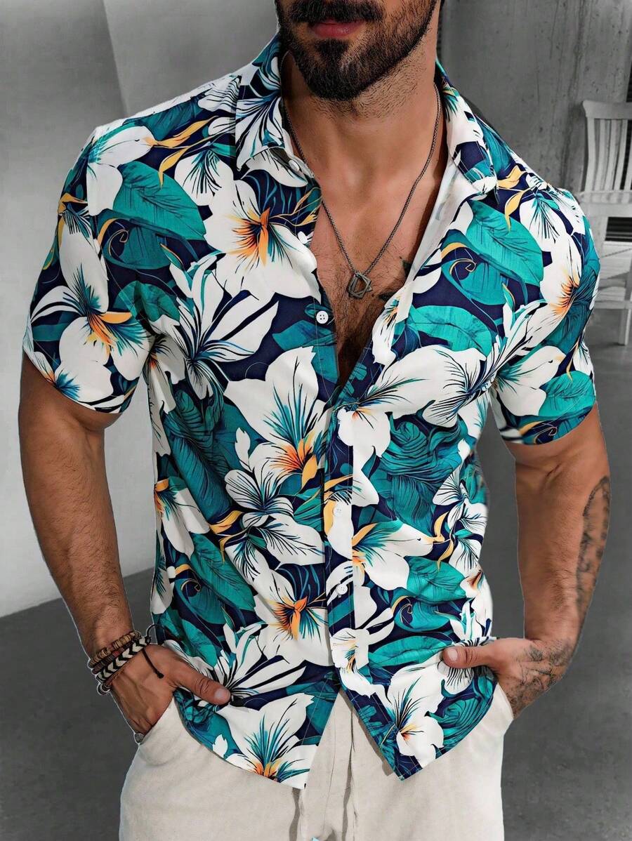 Manfinity RSRT Men Floral Printed Button Up Colorful Short Sleeve Shirt For Summer, Vacation, Boyfriend Gift, Beach - Multicolor - View 1