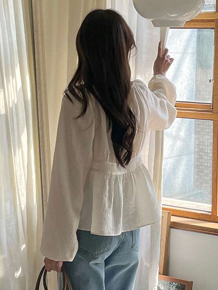 French Style Tie-Up Button Down Short Sleeve Blouse, Loose Fit For Women Long Sleeve Top