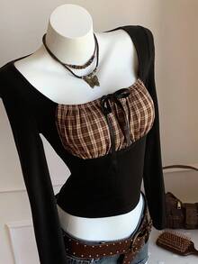 Comfortcana Women's Fitted Plaid Print Twist Collar Elegant Long Sleeve T-Shirt - Black - View 1