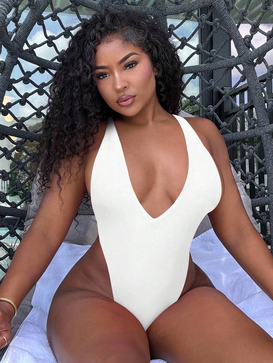 Alexandranx 夏季女式性感深 V 领高腰露背连体泳衣 - 白色 - 查看 1