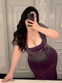 SHEIN MOOSTA 大码女式 V 领蕾丝边拼接长袖紧身开衫夹克 + 紧身细肩带美人鱼长裙，优雅复古性感紫色女士休闲节日派对 2 件套 - 紫色 - 查看 3