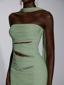Elitara Elegant Luxurious Mustard Yellow Elastic Mesh Hollow Design Fitted Sexy Slit Fishtail Skirt, Suitable For Women's Formal Evening Gown - Mint Green - View 4