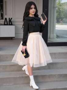 Tween Girl Solid Color Black Bow Decor Elegant Long Sleeve Blouse Fall Winter - Black - View 10