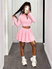 BamGleam Slayr 2pcs Women Casual V-Neck Zip-Up Short Sleeve Top And Pleated Skirt Tennis Outfit Set - A,Back To School Clothes,Pink Two Pieces,Fall Tops