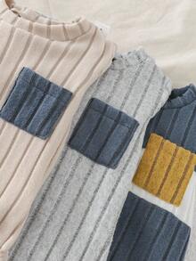 Playful Pals 3件套男婴撞色抓绒连体衣，拼接圆领长袖带口袋保暖罗纹连体衣，休闲户外服，秋冬季