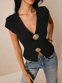 Poéselle T-shirt à la mode pour femmes avec décoration de coquille métallique, col en V et manches chauve-souris