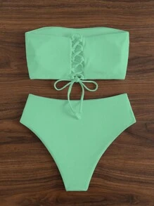 Swim Basics Summer Beach Women's Bikini Set With Solid Color, Back Strappy Details - Mint Green - View 2