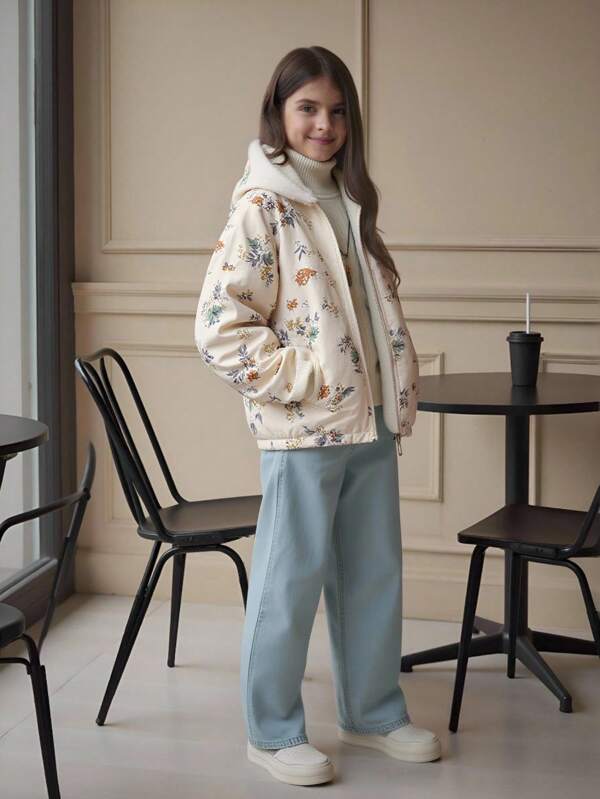 SHEIN 青少年女孩蓬松领拉链连帽全印花保暖内衬冬季夹克