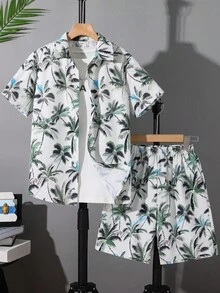 SHEIN 2 件青少年男孩休闲学院风花卉印花衬衫和短裤套装，适合通勤、上学、日常休闲装、运动、春夏季 - 彩色 - 查看 6