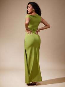 Vixey One Shoulder Draped Sash Detail Solid Knit Maxi Dress, Wedding Guest Dress - Green - View 2