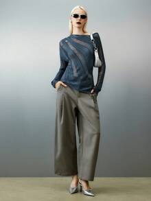 Airlisse 女士纯色不对称领长袖镂空性感毛衣，春秋季长袖上衣，针织套头衫，秋冬季 - 灰色 - 查看 3