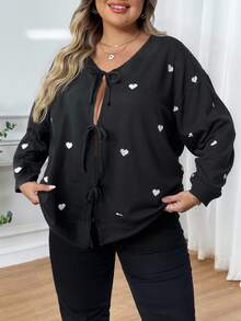 SHEIN CURVE+ Plus Size Women Heart Knitted Cardigan, French Elegant Fashion Autumn/Winter Sweater Cardigan, Off-Season Fall - Black - View 8