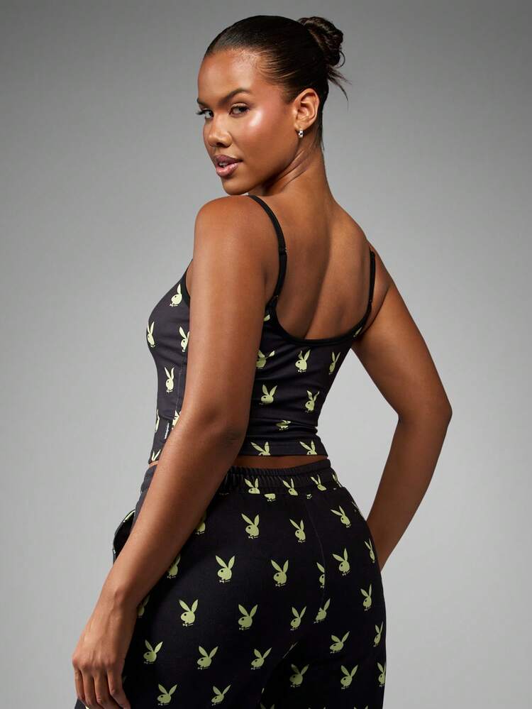 Missguided x Playboy Bunny All Over Print Cami Top Stylish Crop Tank Black Spaghetti Strap Fitted Summer Party Club Festival
