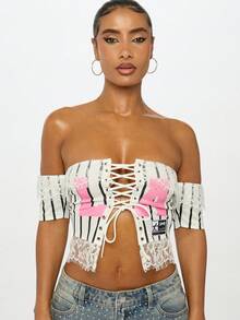 SUMWON WOMEN 露肩束腰系带上衣条纹白色钢琴键设计时尚复古别致美感短袖优雅晚会俱乐部服装 - 白色 - 查看 4