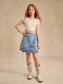 2025 春夏新品，独特的交叉设计，搭配优雅的荷叶边下摆裙子，适合青少年女孩，时尚、百搭、甜美，适合日常活动、郊游和社交聚会 - 藍色 - 查看 5