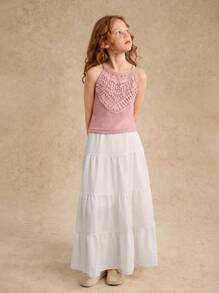 Tween Girl Vacation Beach Floral Lace Trim Fitted Sleeveless Crop Top, Summer Girls Lace Top - Dusty Pink - View 5