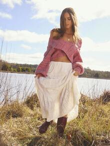 Aralina Fall Winter Lace Textured Fabric Stretch Tiered Flowing Boho Cute Going Out Maxi Skirt