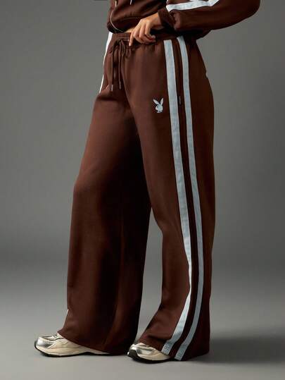 Missguided x Playboy Coordinated Wide Leg Jogger Pants With Side Stripe Detail Athleisure Sweatpants Soft Jersey Track Pants Vintage Collection Fall Winter Loungewear Comfortable High Rise