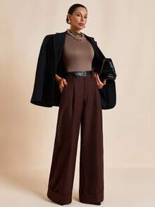 EURMUSE Pantalón de pierna ancha con pliegues, ajuste a medida, moda de verano, ropa de oficina, bolsillos laterales, estilo casual elegante, pliegues delanteros, aspecto nítido, atuendo profesional, diseño elegante, material estructurado, corte clásico, estilo minimalista, moda urbana, aspecto sofisticado, casual de negocios, esencial de temporada, estética moderna - Marrón - Ver 4