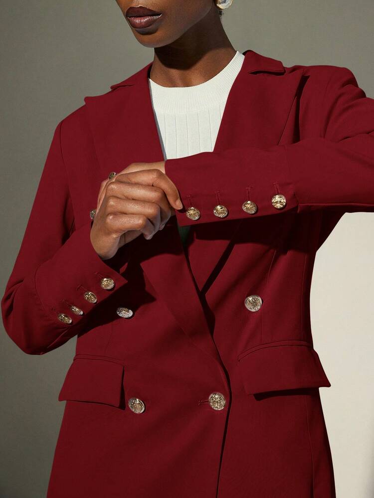 Aveloria Modichic Classic French Fashion V-Neck Double-Breasted Metal Button Wide Extra Long Women's Regular Coat  - Red - View 2