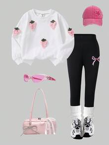 SHEIN 2 Stücke/Set Mädchen Street Sweatshirt Set, geeignet für Frühling & Herbst Outdoor, Kinder bedruckter Strick Sweatshirt & Skinny Hose süßer Outfit - Weiss - Übersicht 3