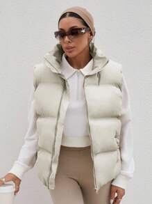 EURMUSE Chaleco con capucha sin mangas para mujer con relleno cálido - Beis - Ver 1