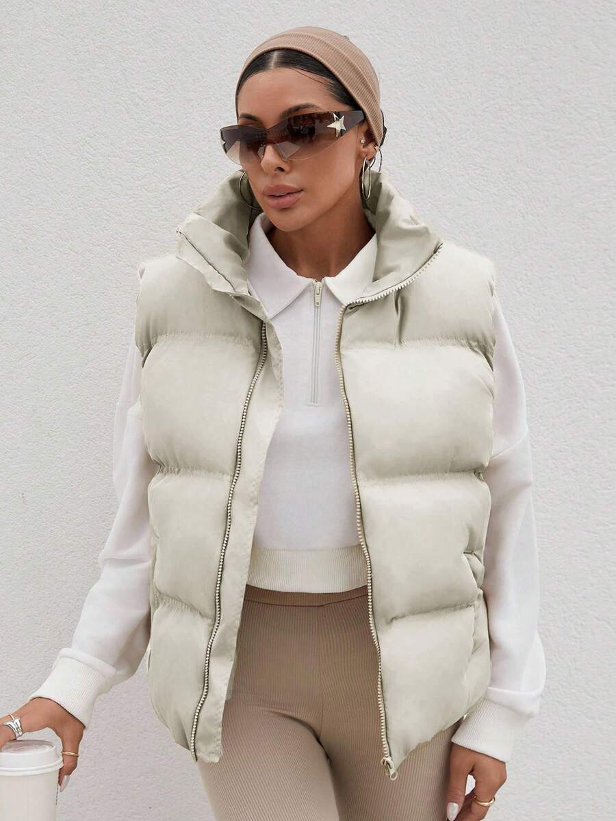 EURMUSE Chaleco con capucha sin mangas para mujer con relleno cálido - Beis - Ver 1