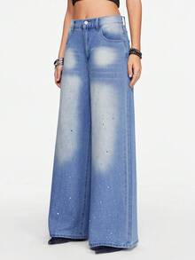 ROMWE Street Life Women's Casual Everyday Washed Rhinestone Embellished Wide Leg Jeans