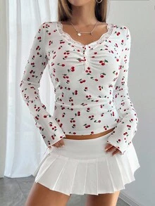 Chiquease Women's French Elegant Lace Patchwork V-Neck Ruched Button Long Sleeve T-Shirt Fall Cloth For Women - White - View 7