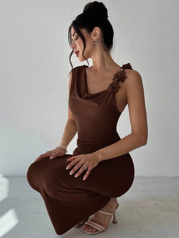 Firerie Women's Summer New Elegant Romantic Charming Party Wedding Guest Graduation Wear Apricot Plunging Neck Asymmetric Shoulder Sleeveless 3D Floral Ribbon Backless Straight Dress, Suitable For Back To School, Airport, Going Out,Elegant Dresses For Women,Fall Wedding Guest Dress,Wedding Guest Dress Women