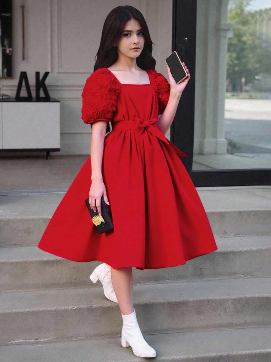 SHEIN 圣诞节女孩红色优雅刺绣泡泡袖连衣裙 - 紅色 - 查看 1