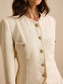 Poéselle 女士优雅通勤纯色夹克和裙子套装 - 杏色 - 查看 9