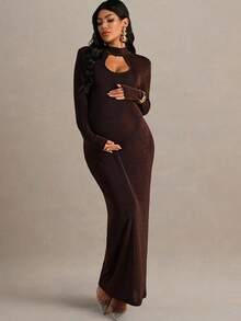 MaterniChic Đầm suông dáng suông cổ đứng tay dài màu trơn cho bà bầu - màu nâu - Xem 1