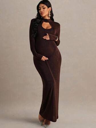 MaterniChic Autumn And Winter Maternity Solid Color Stand Collar Long Sleeve Fitted Hollow Out Dress Long Brown Dress Cut Out Maxi Dress Maternity Maxi Dress Bodycon Maxi Dress Women Pregnancy Photoshoot Dress