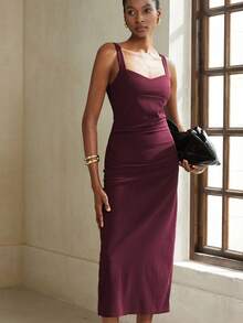 Aveloria Modichic 女士通勤优雅简约心形领口宽肩带设计胸围杯腰部收紧紧身侧开衩纹理面料连衣裙 - 中紫紅色 - 查看 6