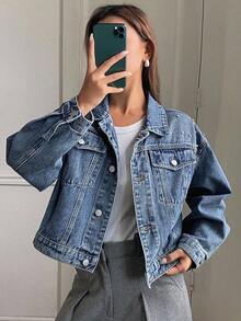 Livesso 秋冬新款宽松休闲厚款缀饰女士牛仔夹克外套 - 藍色 - 查看 3