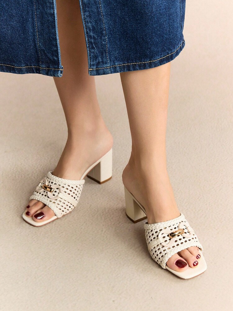 Rosivie Women's Retro One-Piece Square Toe Wooden Grain Thick Heel Brown French Mule Sandals, Fashionable For Dates, Stylish Outfits, Vacation & Casual Wear - Beige - View 2