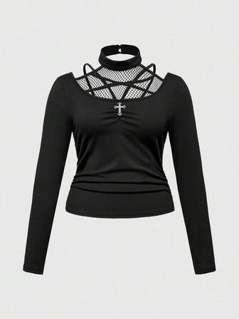 Große Größen Gothic Stil Sexy eng anliegendes Pentagramm Träger Langarm T-Shirt, Langarm Träger Mesh T-Shirt Große Größen Herbst Oberteile