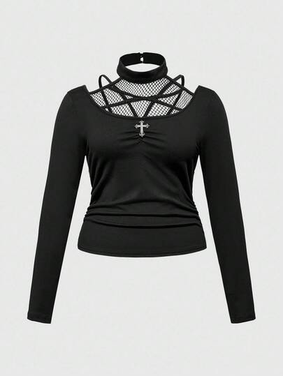 Goth Camiseta de manga larga con cuello halter, estilo gótico sexy y ajustada con estampado de pentágono y cruz, talla grande. Camiseta de manga larga con cuello halter de malla, talla grande, para otoño