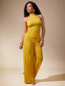 Vixey 纯色针织弹力腰带阔腿裤，带口袋 - 黃色 - 查看 4