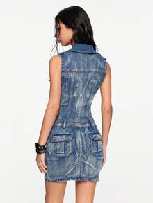 ROMWE Grunge Punk Y2K 复古水洗牛仔短款修身低腰迷你连衣裙 - 藍色 - 查看 3