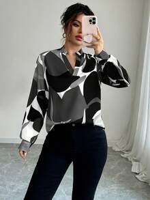 Elenzga Women's Casual Commuter Colorblock Notched Neck Long Sleeve Shirt, Autumn - Multicolor - View 6