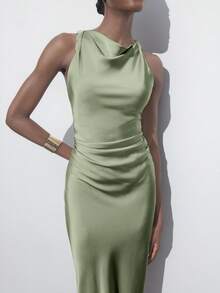 Maija Robe midi en satin vert sauge élégante pour femme, robe de mariée d'été, sans manches, col drapé, volants, en soie, robe de soirée formelle pour brunch, tenues de Noël - Vert - Voir 5