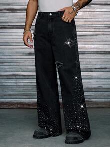 AXEPEAK 男士水洗宽松休闲水钻装饰裤 - 黑色 - 查看 4