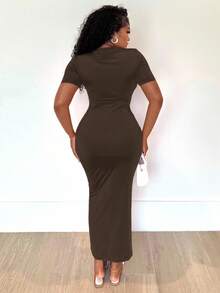 Alexandranx Đầm ôm body tay ngắn cổ chữ V trơn cho nữ Hoco Dresses - Cà phê - Xem 2