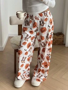 Aloruh Quần ống rộng thường ngày in họa tiết Halloween dành cho nữ - Nhiều màu - Xem 4